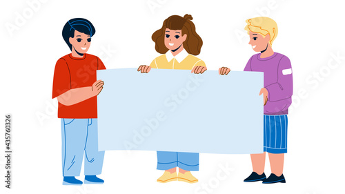 Kids With Blank Advertise Poster Together Vector. Boys And Girl Children Holding Advertising Poster Paper. Characters Infants Staying With Promotional Banner Flat Cartoon Illustration