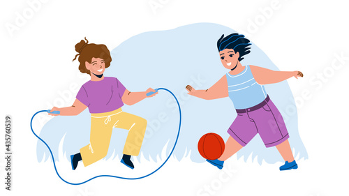 Kids Summer Active Games On Playground Vector. Preteen Boy Playing With Ball And Girl Jumping Rope, Kids Summer Activities. Characters Children Enjoying Together Flat Cartoon Illustration