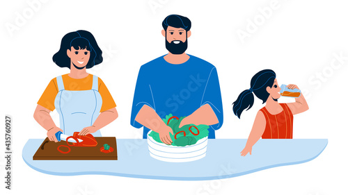 Kitchen Breakfast Preparing Family Together Vector. Mother Cutting Paprika Vegetable, Father Prepare Salad Breakfast And Daughter Drinking Juice. Characters Morning Food Flat Cartoon Illustration
