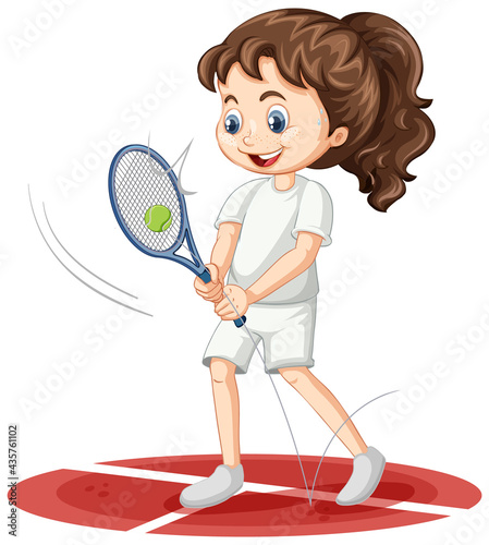 Cute girl playing tennis cartoon character isolated