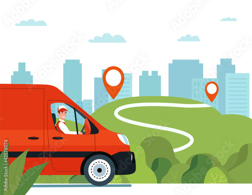 Cargo van with driver on the road against the backdrop of a rural landscape. Vector flat style illustration.