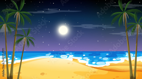 Beach at night time landscape scene with palm tree