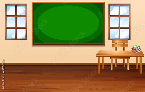 Blank classroom scene with empty chalkboard