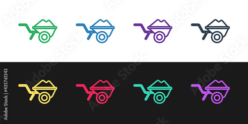 Set line Wheelbarrow with dirt icon isolated on black and white background. Tool equipment. Agriculture cart wheel farm. Vector