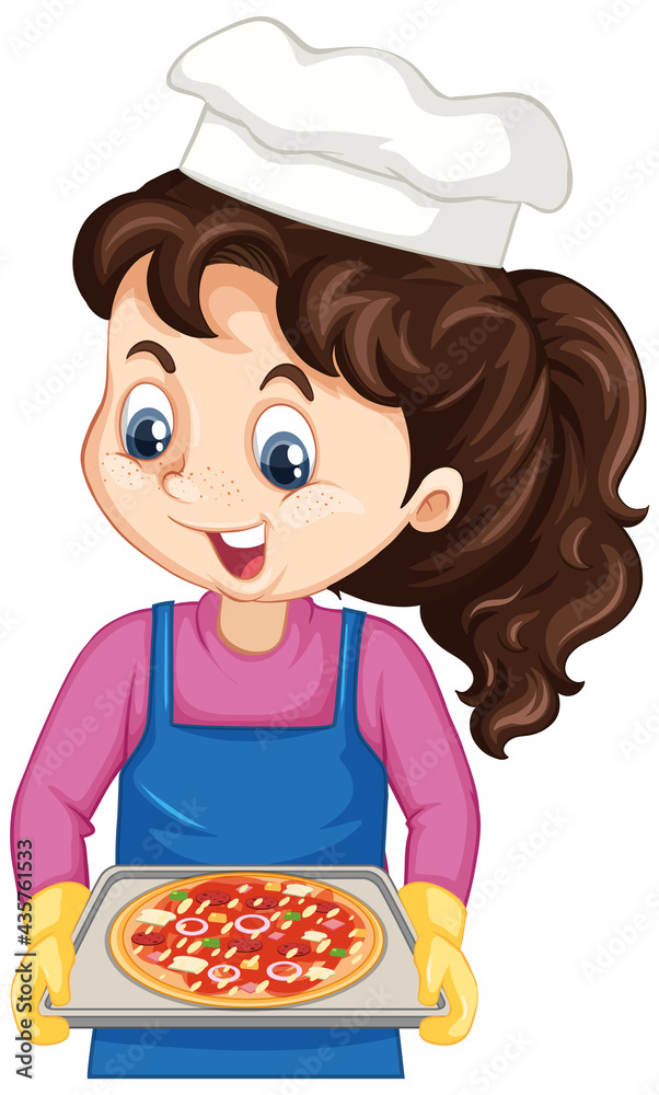 Chef girl cartoon character holding pizza tray Chef girl cartoon character holding pizza tray