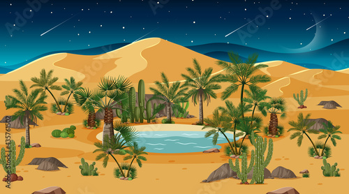 Desert forest landscape at night scene with oasis