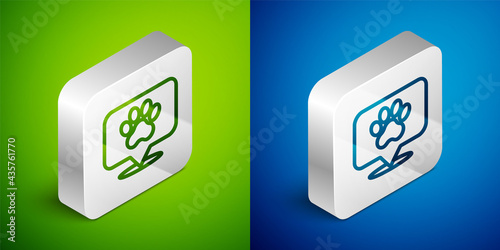 Isometric line Map pointer with veterinary medicine hospital, clinic or pet shop for animals icon isolated on green and blue background. Veterinarian clinic. Silver square button. Vector