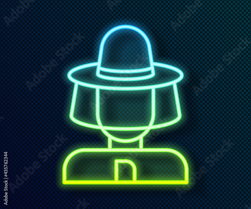 Glowing neon line Beekeeper with protect hat icon isolated on black background. Special protective uniform. Vector