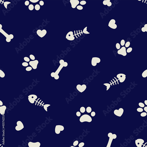 Dog and cat paw, fishbone, and heart vector illustration seamless background design.