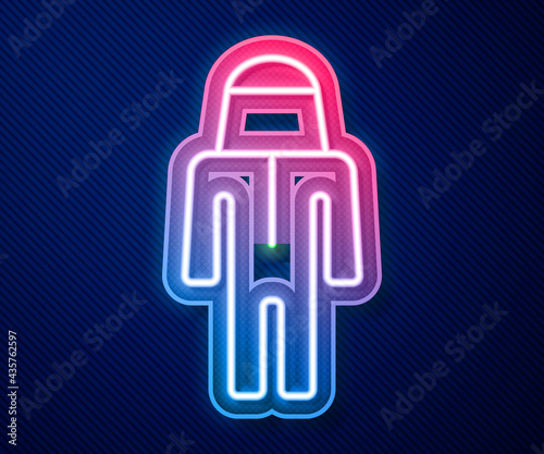 Glowing neon line Beekeeper with protect hat icon isolated on blue background. Special protective uniform. Vector