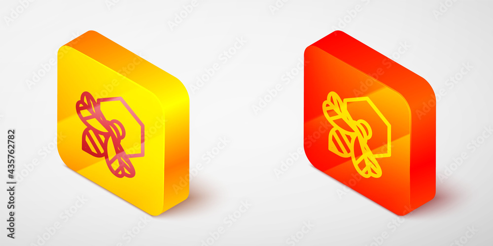 Isometric line Bee and honeycomb icon isolated on grey background. Honey cells. Honeybee or apis with wings symbol. Flying insect. Sweet natural food. Yellow and orange square button. Vector