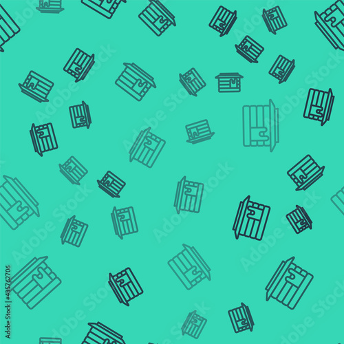 Black line Stack of pancakes with honey icon isolated seamless pattern on green background. Breakfast concept. Vector