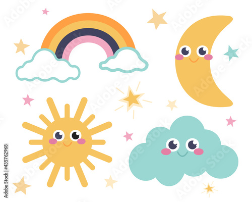Cute set of stars, moon, rainbow, cloud and sun. Vector image in a flat cartoon style. Decor for children's room, posters, postcards, clothing and interior