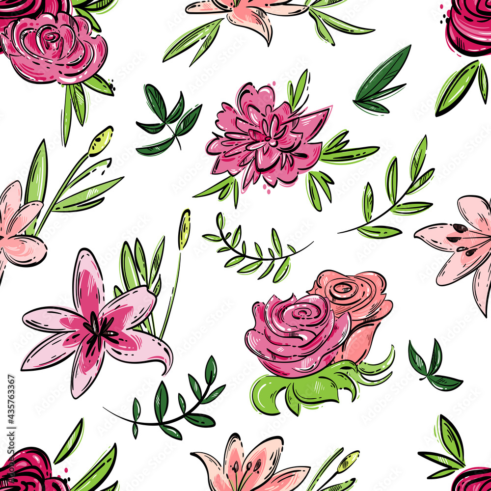 Vector abstract set with roses, lilies, leaves.