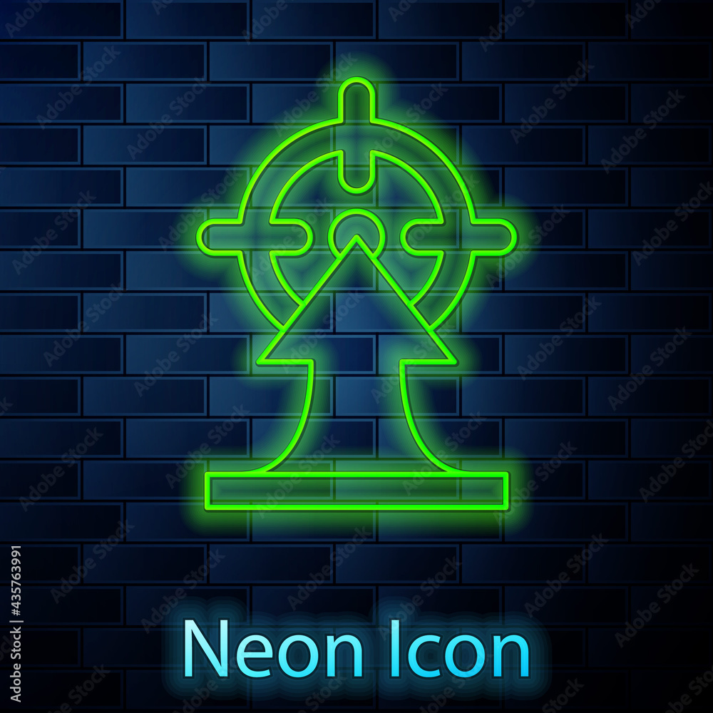 Glowing neon line Target financial goal concept icon isolated on brick wall background. Symbolic goals achievement, success. Vector Glowing neon line Target financial goal concept icon isolated on brick wall background. Symbolic goals achievement, success. Vector
