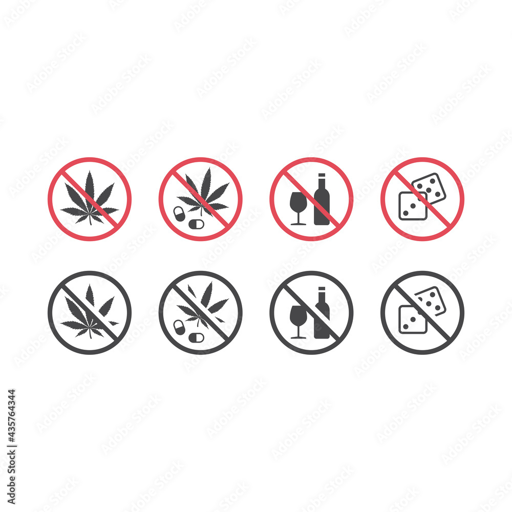 No alcohol and no drugs red prohibition sign. No gambling icon. No alcohol and no drugs red prohibition sign. No gambling icon.