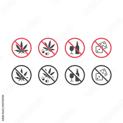 No alcohol and no drugs red prohibition sign. No gambling icon.