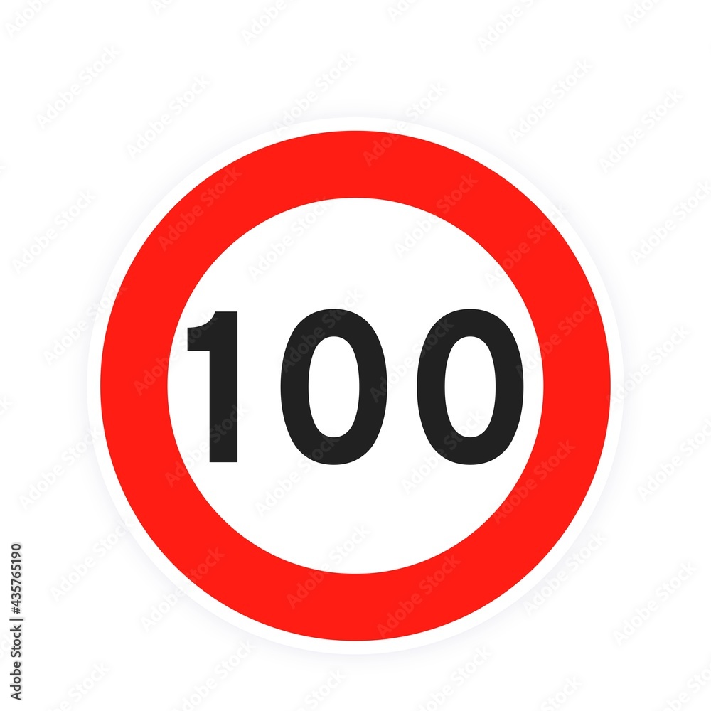 Speed limit 100 round road traffic icon sign flat style design vector illustration isolated on white background. Circle standard road sign with number 100 kmh. Speed limit 100 round road traffic icon sign flat style design vector illustration isolated on white background. Circle standard road sign with number 100 kmh.