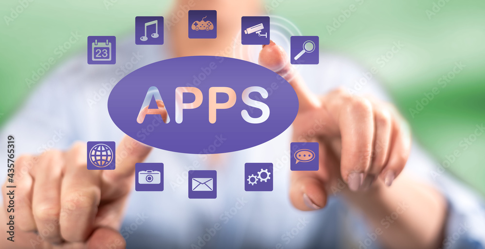 Woman touching an apps concept Woman touching an apps concept