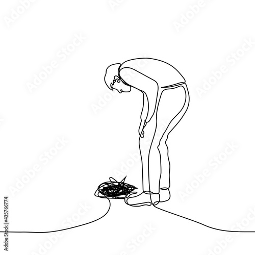 man bent over a black pit - one line drawing. black hole exploration concept, facing the unknown, road holes, unsolvable tangled problem