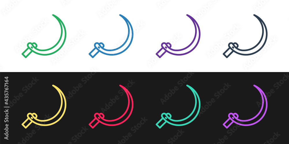 Obraz premium Set line Sickle icon isolated on black and white background. Reaping hook sign. Vector