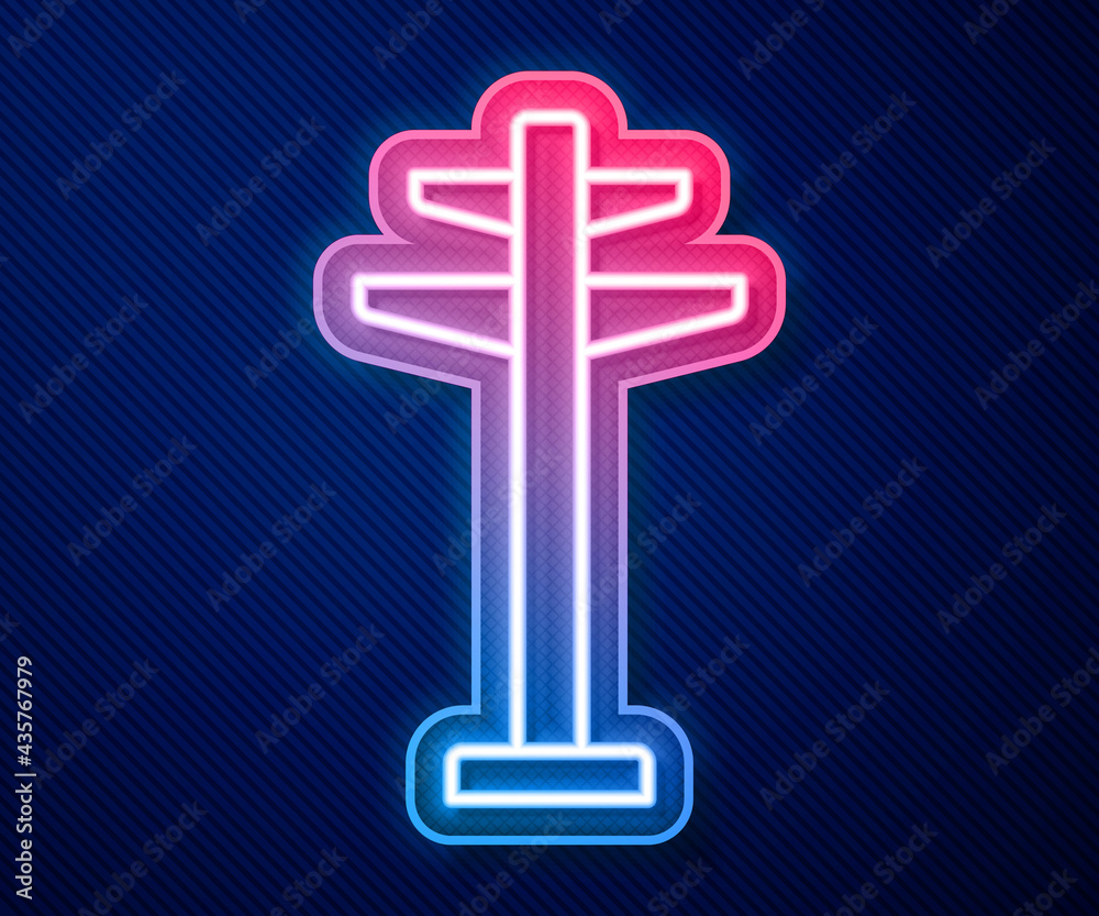 Glowing neon line Electric tower used to support an overhead power line icon isolated on blue background. High voltage power pole line. Vector Glowing neon line Electric tower used to support an overhead power line icon isolated on blue background. High voltage power pole line. Vector