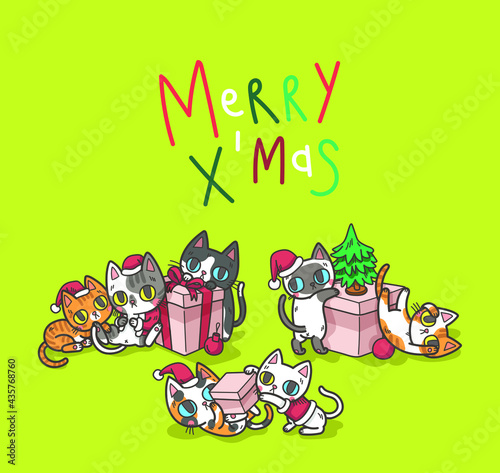 Vector illustration set of variation colours of house domestic cats in many positions of christmas party celebration event.Flat cat cartoon x mas party colorful vector illustration