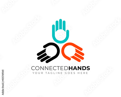 connected three simple colorful palm hand	