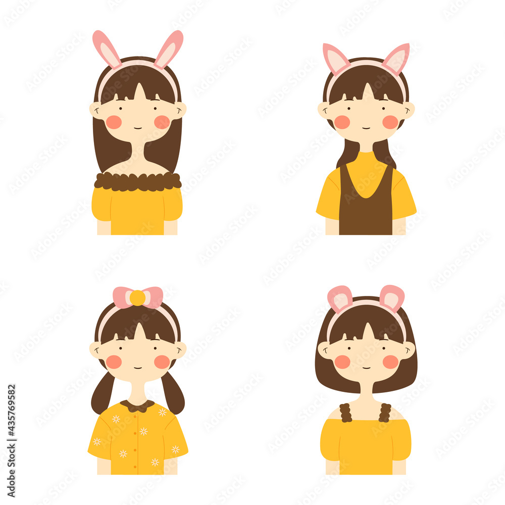 set of girls wear cute headband, cute cartoon character. vector illustration. isolated white set of girls wear cute headband, cute cartoon character. vector illustration. isolated white