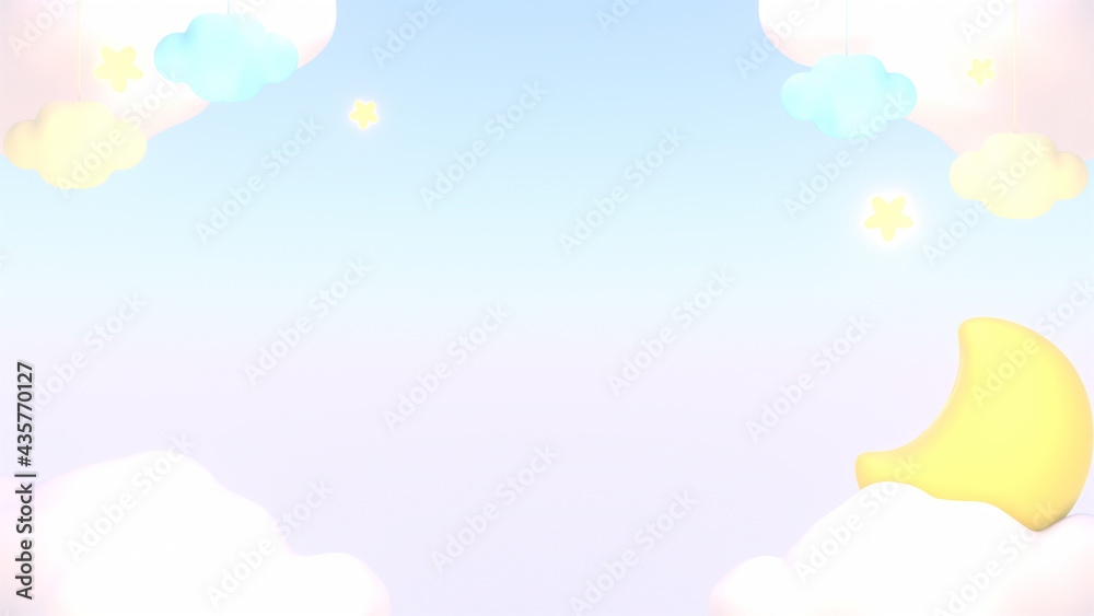 Sweet pastel clouds, stars, and yellow crescent moon in the sky. Good night and sleep tight theme. 3d rendering picture.