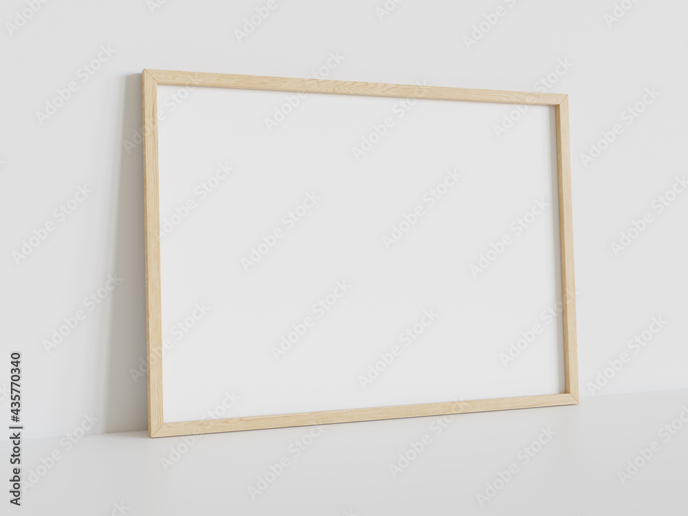 White frame leaning on white floor in interior mockup. Template of a picture framed on a wall 3D rendering White frame leaning on white floor in interior mockup. Template of a picture framed on a wall 3D rendering