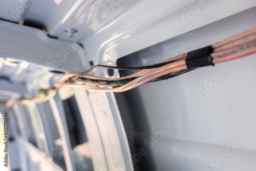 Close-up of a cable harness in the back of a van