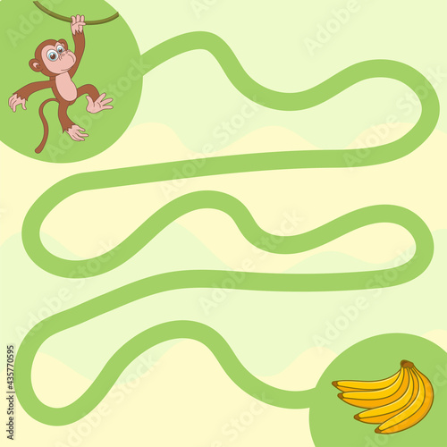 Maze game for children. Draw a line and feed cute chimpanzee. Help monkey to find banana. Activity exercise for kindergarten or preschool kids. Development of attention in toddlers. Simple labyrinth.