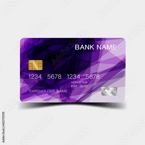 Modern credit card template design. With inspiration from the line abstract. Purple and black color on gray background illustration. Glossy plastic style