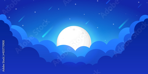 Minimalist vector abstract blue wallpaper. Polygonal design. Flat style background. Sky, moon and clouds.  Colorful bg. Website or game template. 