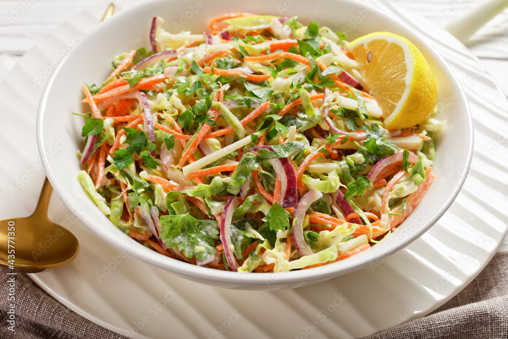 juicy low calorie coleslaw salad, top view juicy low calorie coleslaw salad, top view