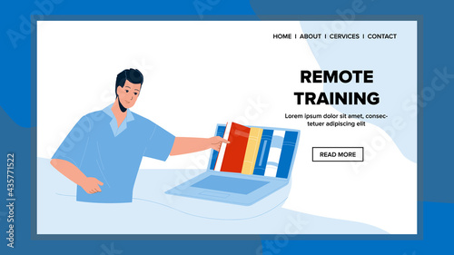 Remote Training Educate Student On Laptop Vector. Remote Training And Educational Courses Learning Young Man, Choosing E-book In Internet Library. Character E-learning Web Flat Cartoon Illustration