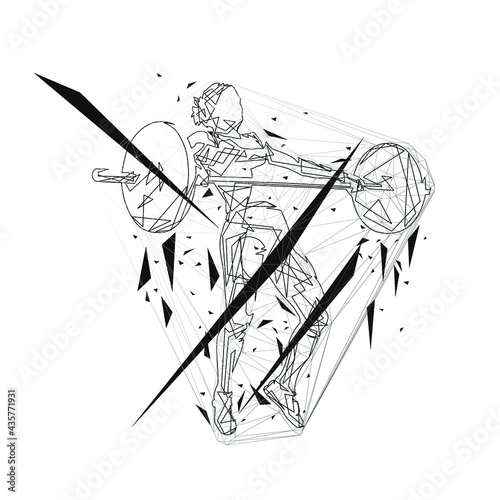 Weightlifting squats workout, strong female weightlifter litfs big barbell, low polygonal vector isolated illustration. Fitness woman