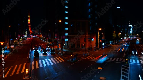 タワーが見える札の辻交差点から見た東京夜景タイムラプス映像