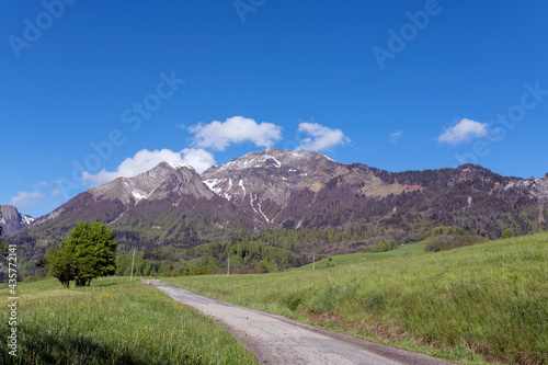 Paysage de montagne dans le parc Naturel Régional des Bauges en Savoie dans les Alpes françaises au printemps près du village de Thénézol