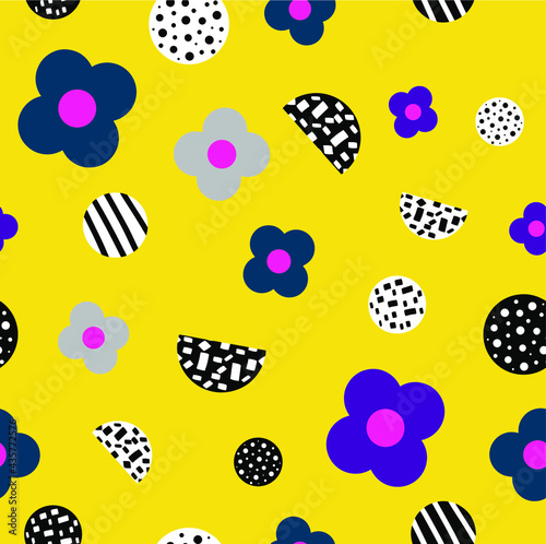 Abstract Hand Drawing Flower and Dots Doodle Seamless Vector Pattern Isolated Background