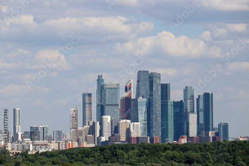 View to skyscrapers of Moscow city in summer. Futuristic cityscape, concept of russian economy