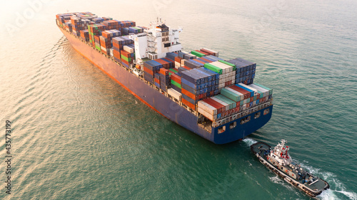 Aerial view container ship global business logistics import export worldwide, Shipping container cargo vessel freight, Commercial dock with container ship, Container loading cargo freight ship.