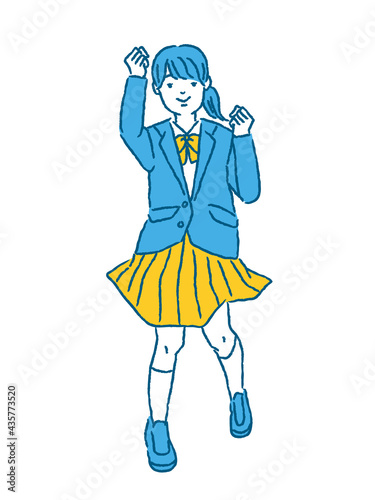 ガッツポーズで応援する女子学生（全身）
