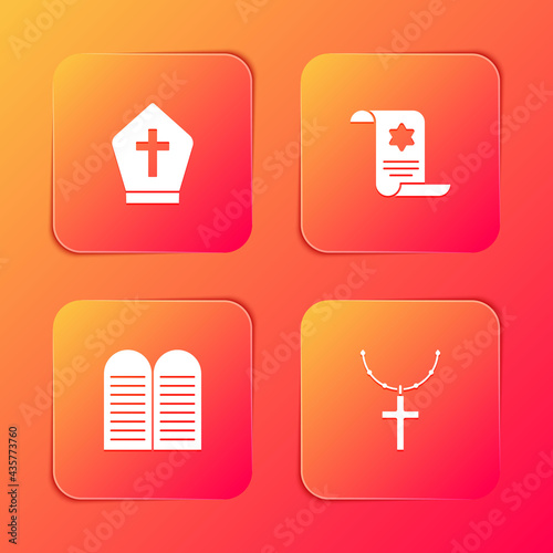 Set Pope hat, Torah scroll, The commandments and Christian cross on chain icon. Vector