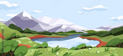 Scenic summer landscape with mountains, lake, and meadow in clear weather. Panoramic scenery of wild nature with green grass, flowers, river, mounts, and sky. Colored flat vector illustration