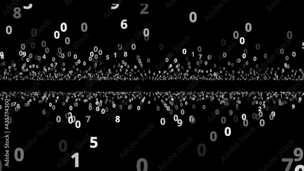 White random numbers on a black background flying in space. Flight between random numbers. Background