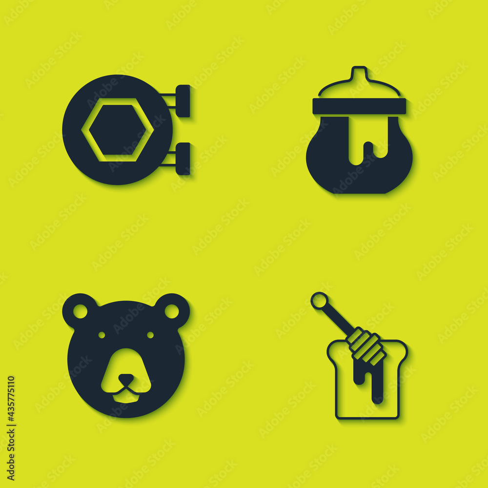 Set Hanging sign with honeycomb, Honey dipper stick, Bear head and Jar of icon. Vector