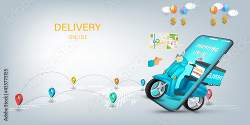 Fast delivery by scooter on mobile. E-commerce online concept or Mobile Application Vector Concept Marketing and Digital marketing  Online Application Delivery service concept.