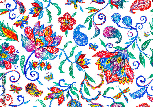 Paisley watercolor floral pattern tile: flowers, flores, tulips, leaves. Oriental indian traditional hand painted water color whimsical seamless print, ceramic design. Abstract india batik background